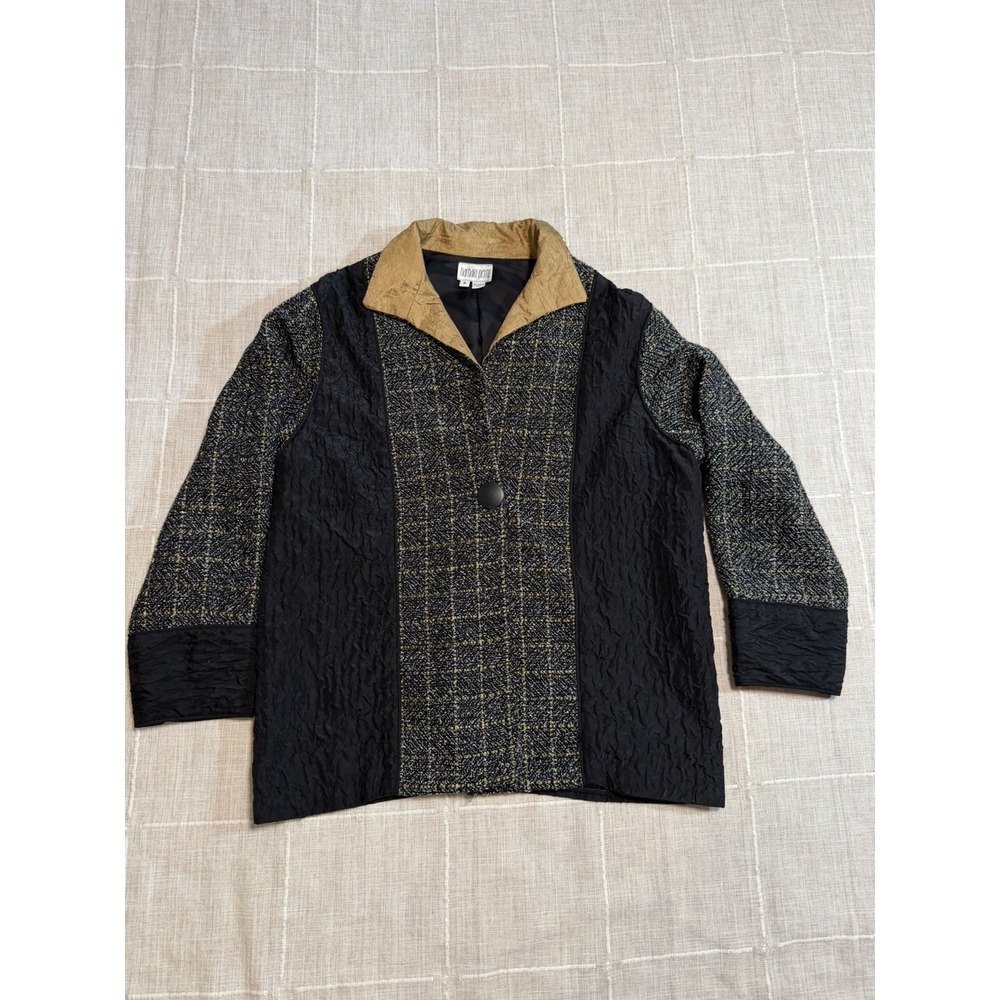 Barbara Perry Women's Jacket Black Gold Textured Plaid Button Front Over Sized S